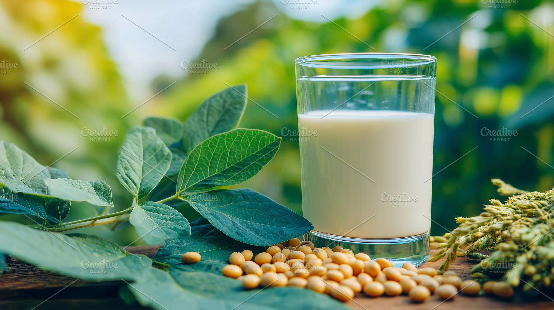 Glass of fresh soy milk surrounded, a Food & Drink Photo by MistyDay