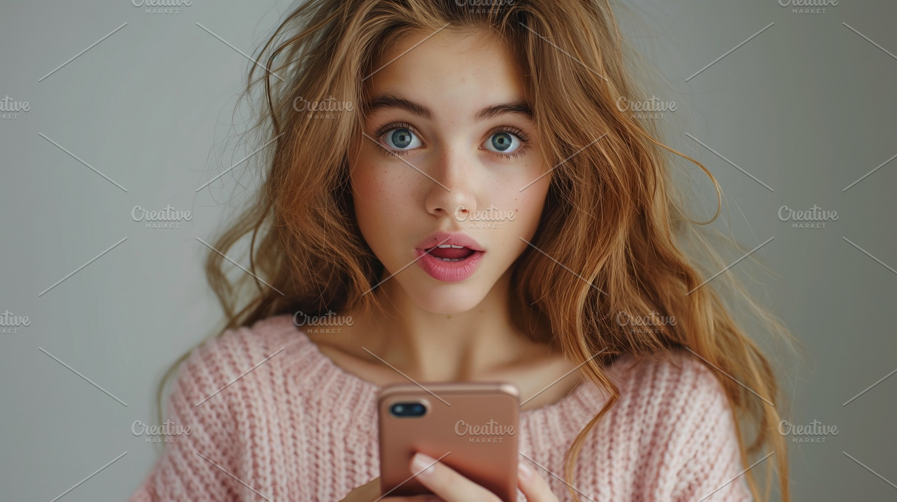 Surprised young woman with long brown hair and striking blue eyes, holding a sm, a Person Photo by ImageMir
