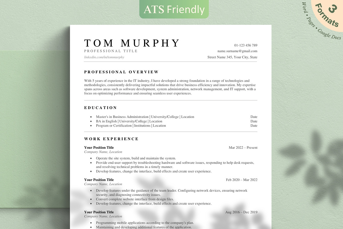 Professional ATS Resume Template, a Resume Template by CreativeLandStudio (Photo 1 of 10)
