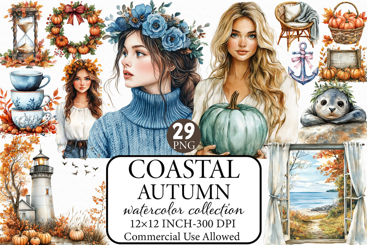 Watercolor Coastal Autumn Clipart, an Illustration by Libby Wishes (Photo 1 of 9)