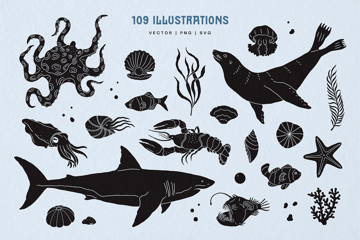 Sealife Silhouettes Illustration Set, an Animal Illustration by rouxsupplyco (Photo 5 of 16)