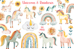 Watercolor Boho Unicorn & Rainbow, an Animal Illustration by Whimsy Brush Studio