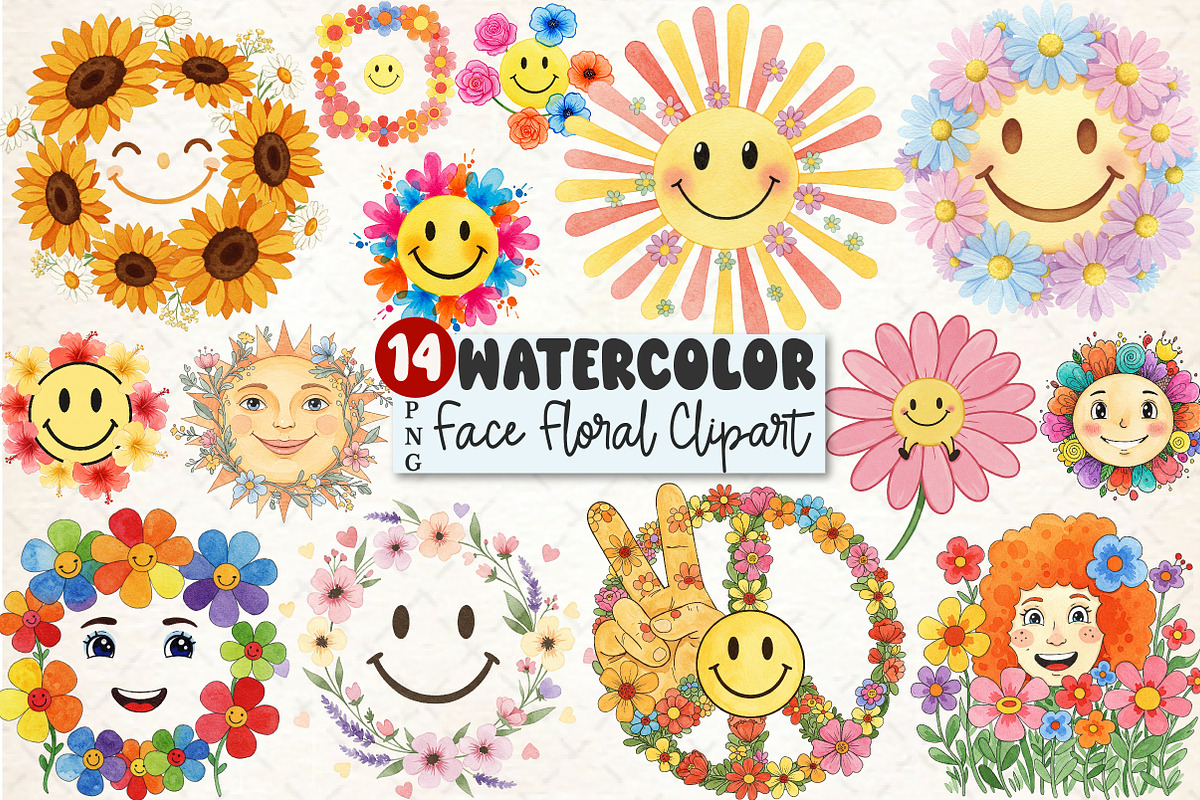 Retro Happy Face Floral Clipart Bund, an Illustration by Rose Art (Photo 1 of 3)