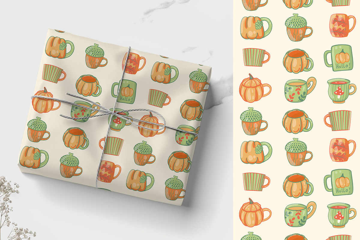 Autumn Pumpkins Mugs clipart pattern, a Seasonal Illustration by Carpet Tapete Pretzel (Photo 9 of 9)