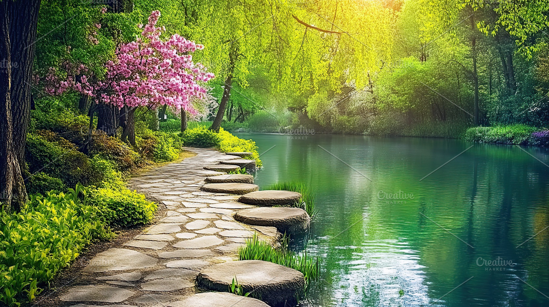 Path near the lake in the park with sun rays, a Nature Photo by AlyaAnd