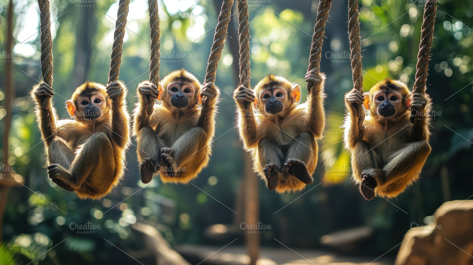 Monkeys Swinging: A playful group of, an Animal Photo by Pixeness Studio