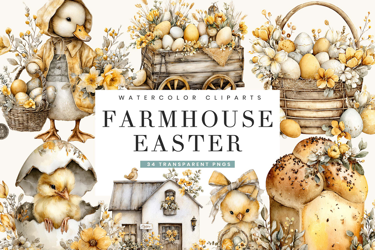 Watercolor Farmhouse Easter Clipart, an Object Illustration by BusyDaydesign (Photo 1 of 9)
