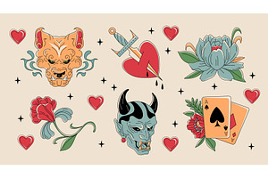 Old school color tattoo set isolated, an Object Illustration by art PVP - market