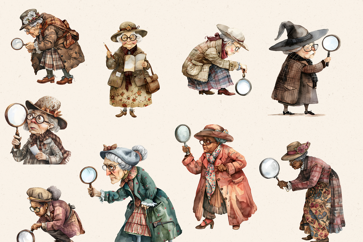 OLD LADY DETECTIVE CLIPART PACK, a Person Illustration by Daring Digies (Photo 4 of 10)