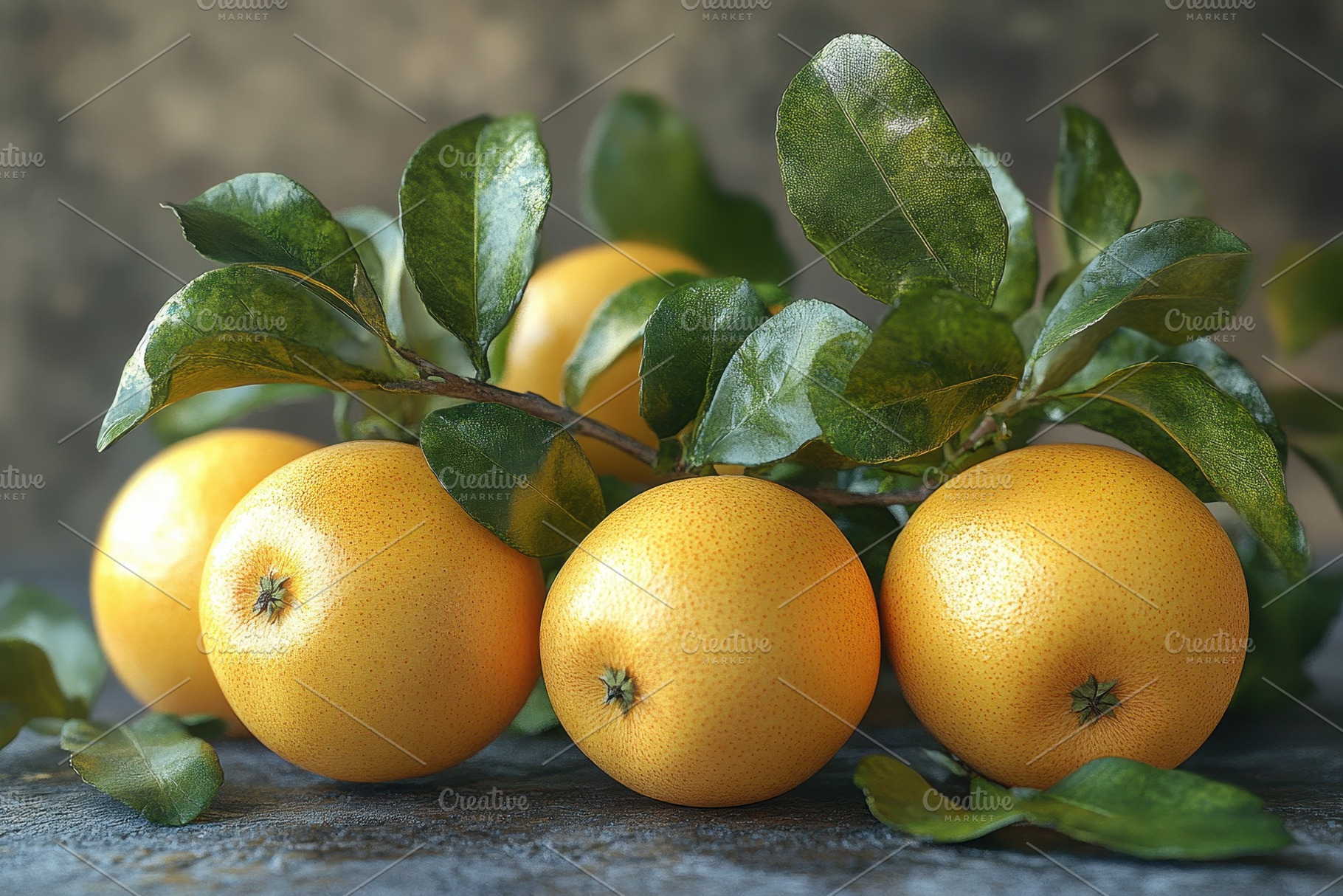 Fresh oranges with green leaves arra, a Photo by Tanuart