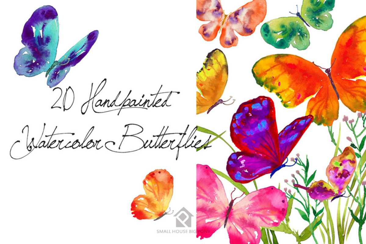 20 Watercolor Butterflies, an Illustration by SmallHouseBigPony (Photo 4 of 4)