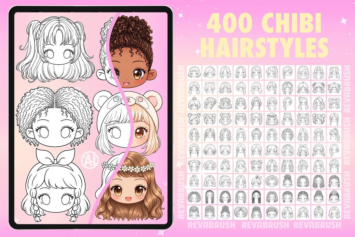 Procreate Chibi Hairstyles brushes, a Brush Add-On by Revabrush (Photo 15 of 16)