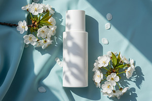 White cosmetic bottle with cherry bl, a Beauty & Fashion Photo by professorinc