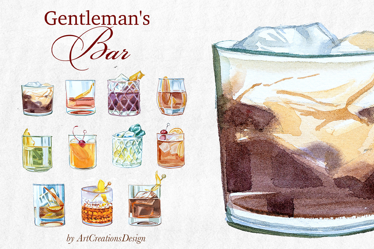 Gentleman's Bar Watercolor Clipart, a Food Illustration by ArtCreationsDesign (Photo 5 of 12)