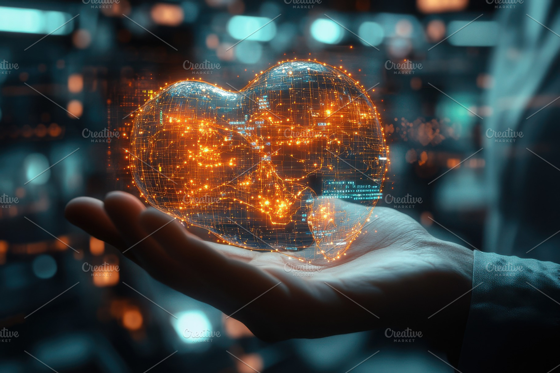 Heart shaped digital network in hand, a Health & Medical Photo by Pixeness Studio