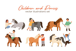Cute children with ponies set, an Animal Illustration by Good Studio