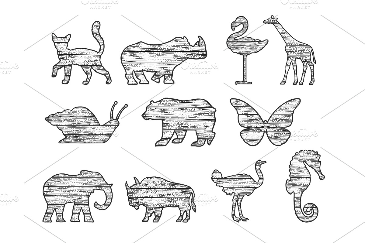 wooden animals silhouette set, an Animal Illustration by AlexArt