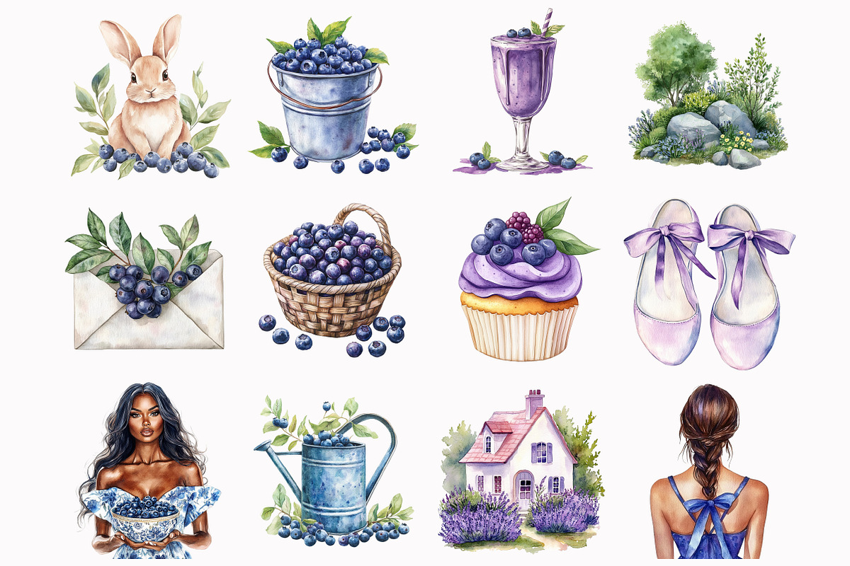 Watercolor Blueberry Garden Clipart, an Illustration by Design Market (Photo 2 of 3)