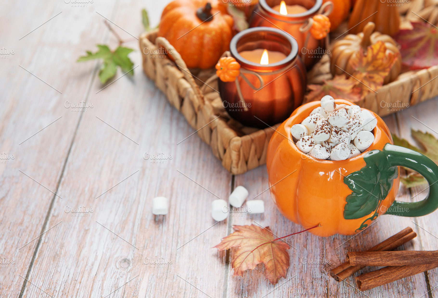 Warm hot chocolate in pumpkin mug with autumn decor, a Food & Drink Photo by Olena Rudo