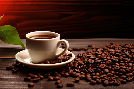 Cup of coffee with roasted coffee beans on wooden table. Generative AI, a Food & Drink Photo by AlyaAnd