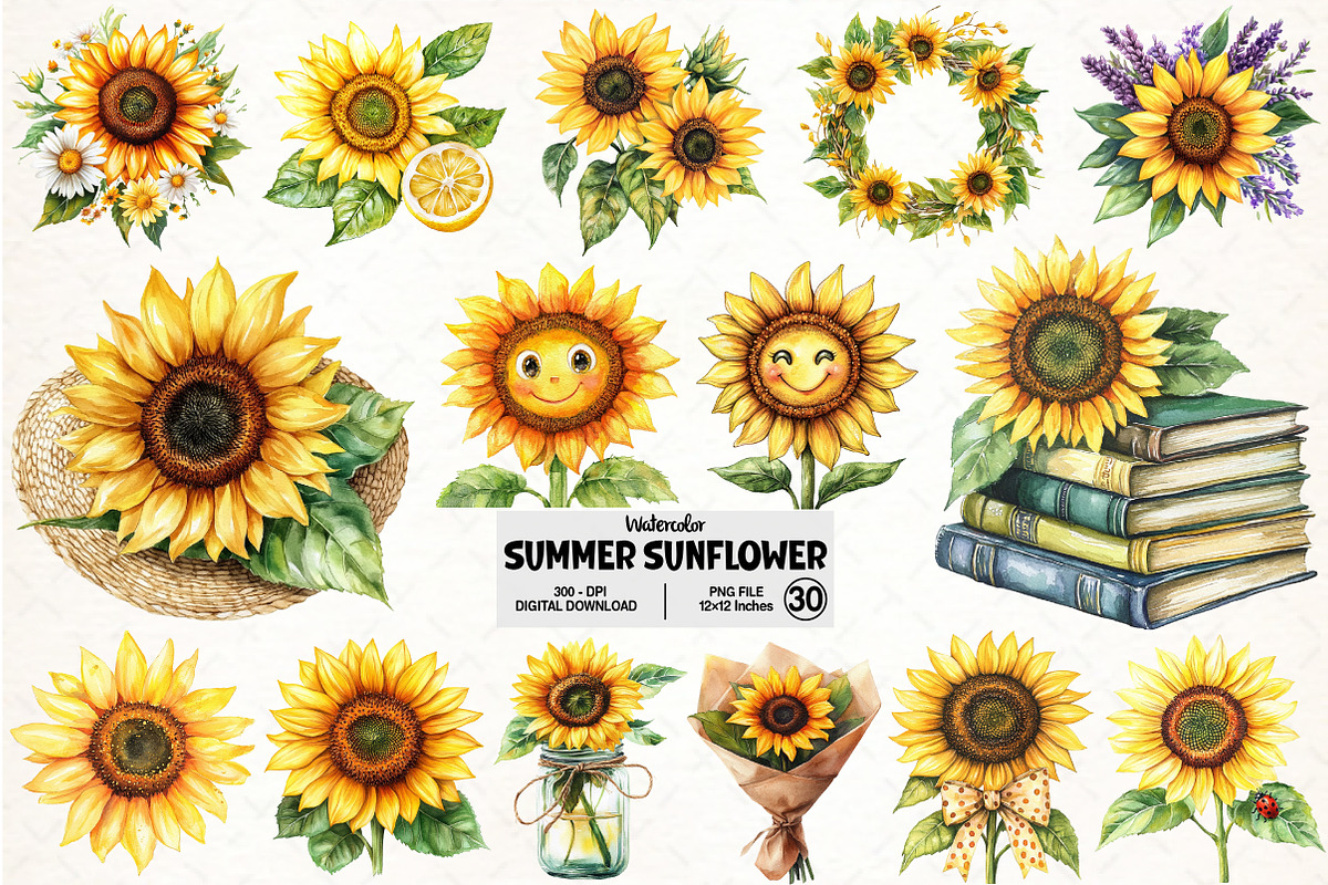 Watercolor Summer Sunflower Clipart, an Illustration by Pixels.Craft (Photo 1 of 7)