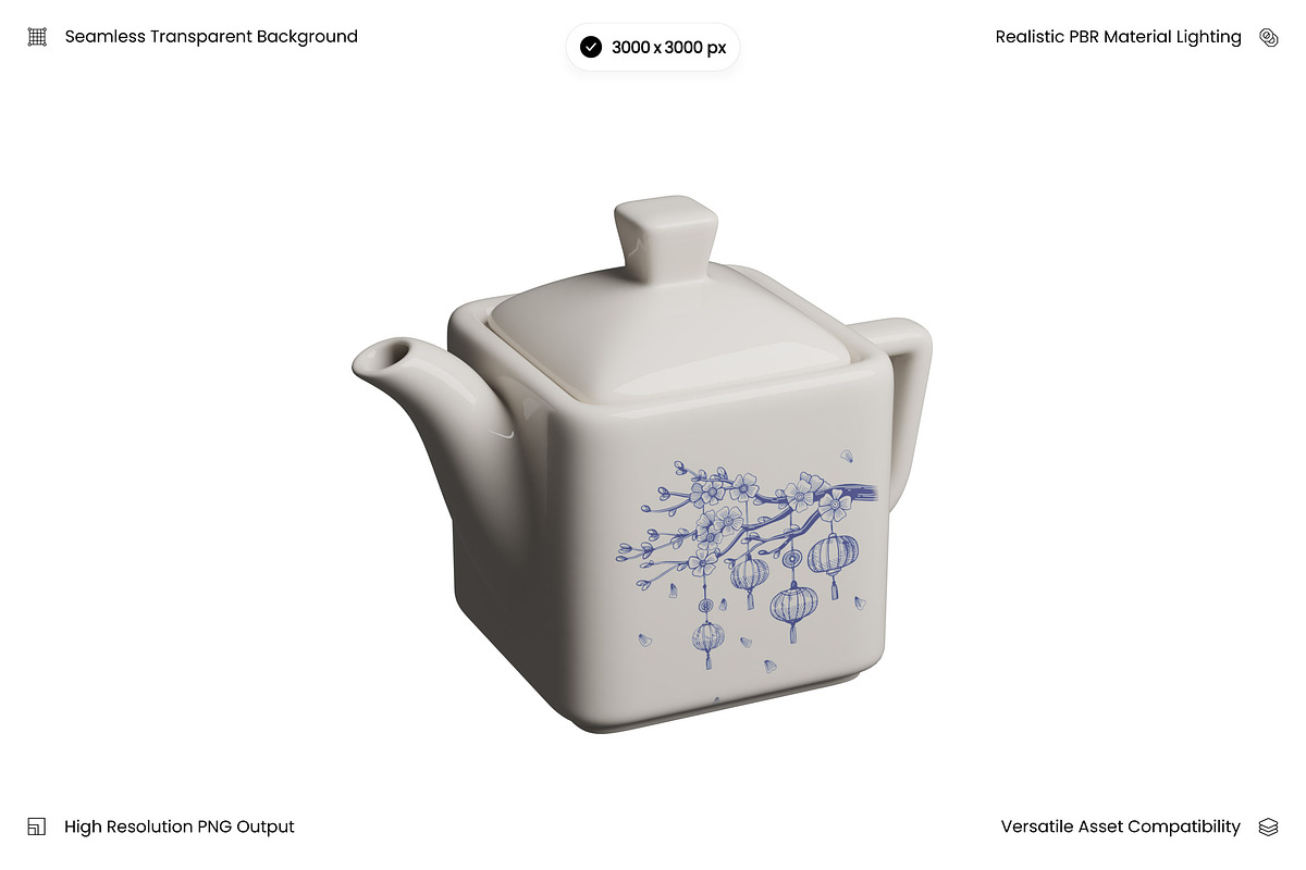 White Ceramic Teapot Blue Design 3D, an Object 3D Model by Wencory (Photo 1 of 2)
