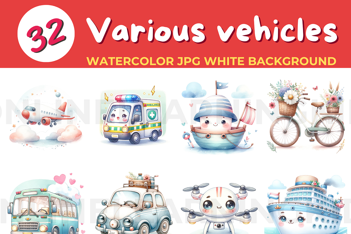 Various vehicles watercolor JPG whit, a Transportation Illustration by John_Walker (Photo 3 of 3)