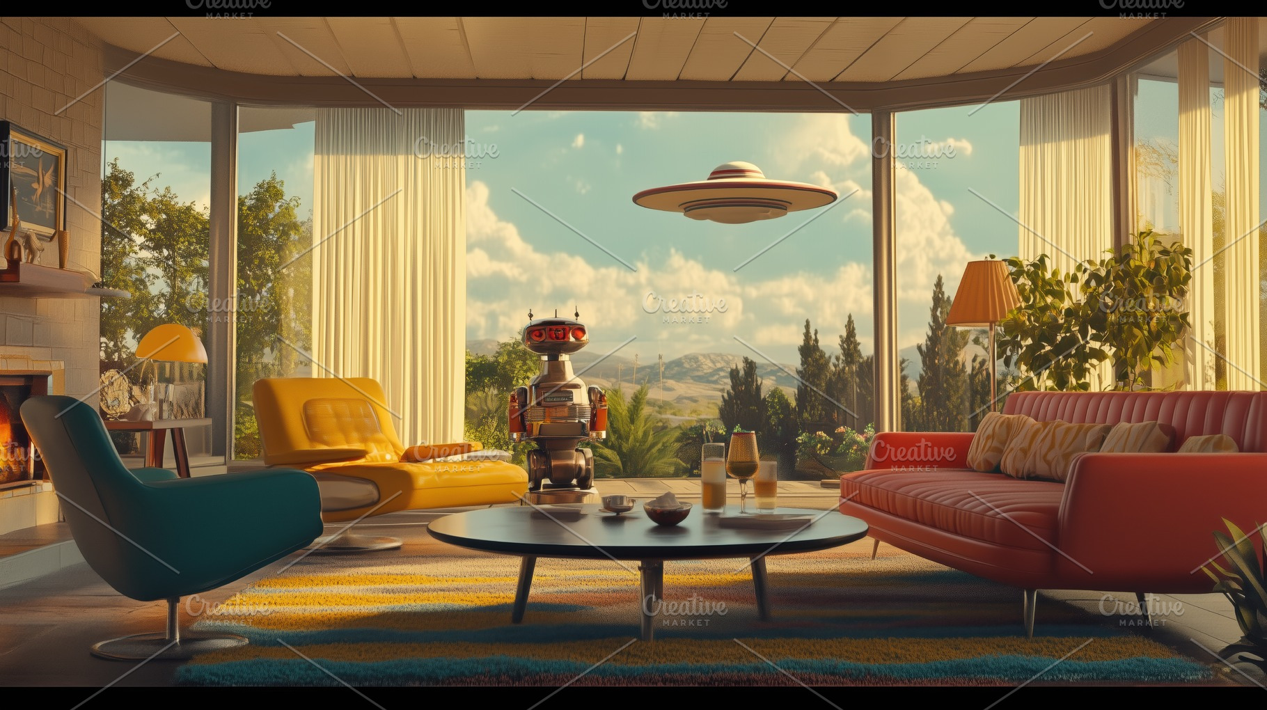 A futuristic living room featuring a colorful design with a yellow and red sofa, an Arts & Entertainment Photo by Textures & Backgrounds