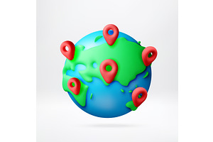 3D globe with red location map pins, a Technology Illustration by Abscent