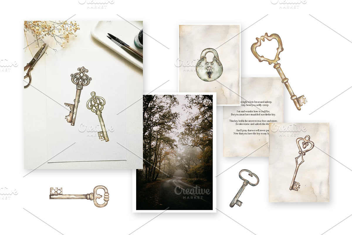 Watercolor Vintage Key Set, a Decorative Illustration by MayaNavits (Photo 7 of 12)