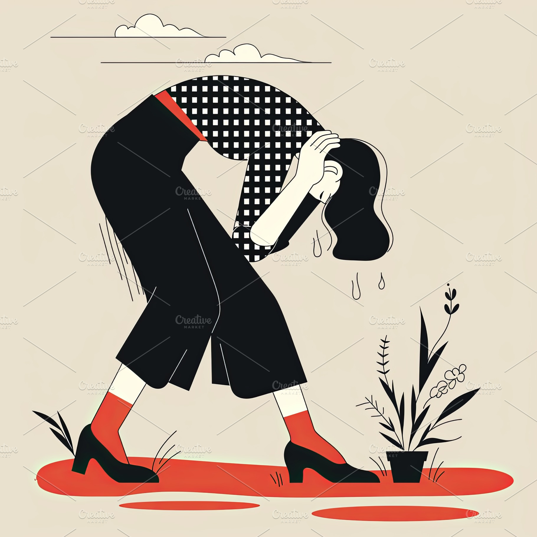 Stylish illustration of a tired woman sitting exhausted beside a small plant, a Photo by AS photostudio