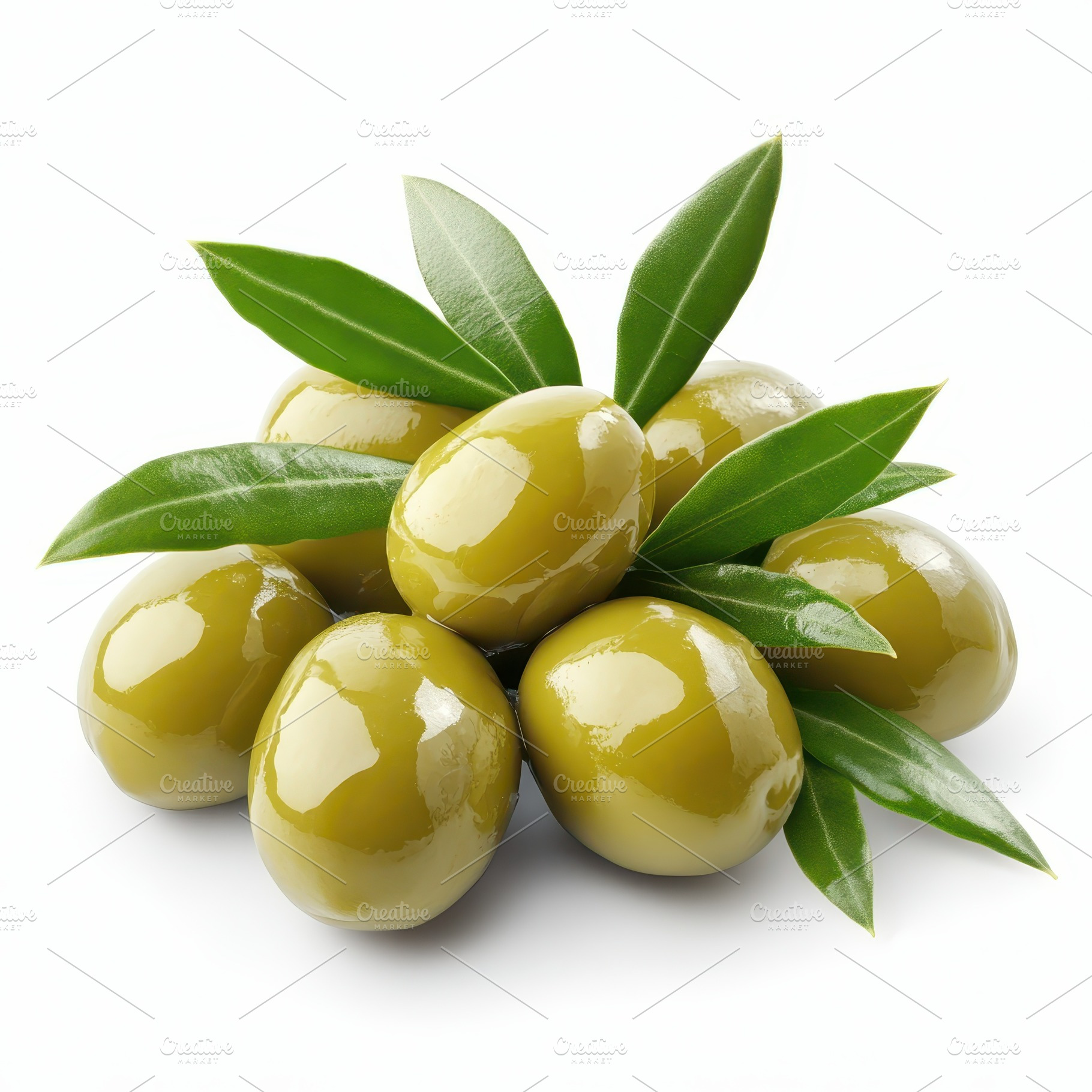 Green olives with olive leaves healt, a Food & Drink Photo by Pixeness Studio