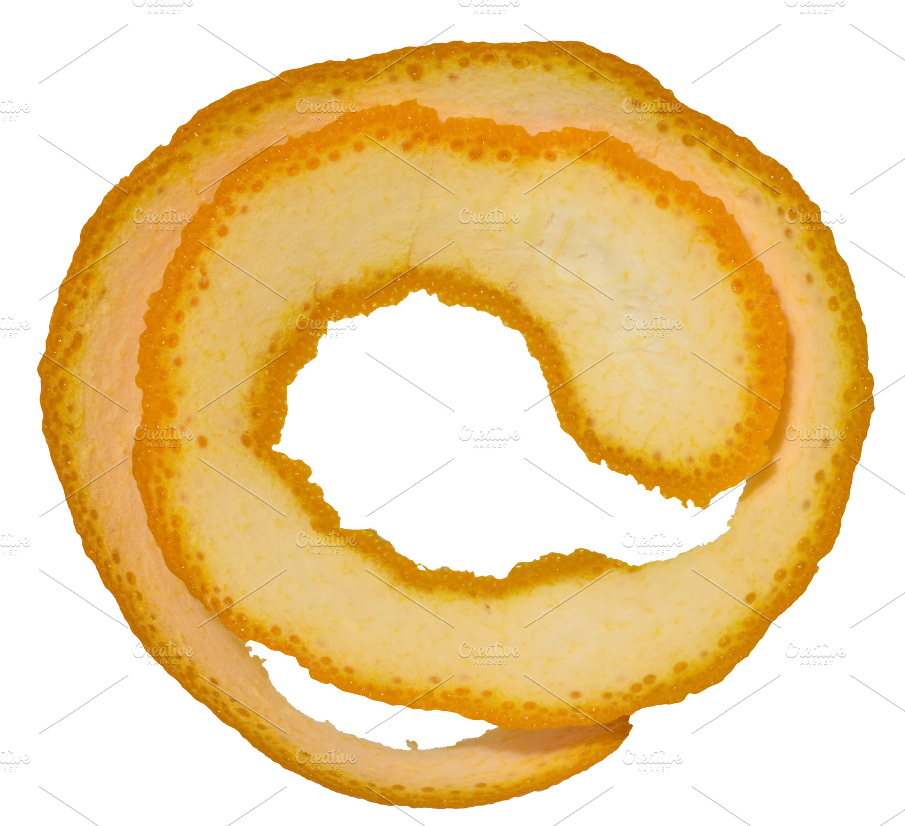 Twisted strip of orange peel on isolated background, top view, a Food & Drink Photo by ndanko