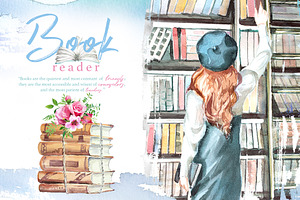 Watercolor Book Reader Clipart Set