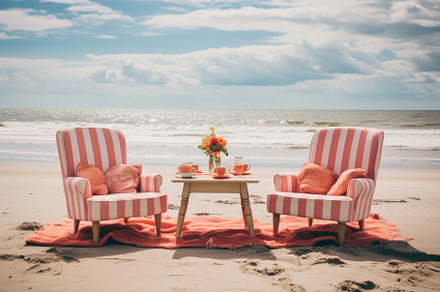 Table and chairs on the beach. Vacat, a Photo by Iftikhar Alam