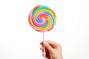Colorful rainbow lollipop in female hand on white background, a Food & Drink Photo by AlyaAnd