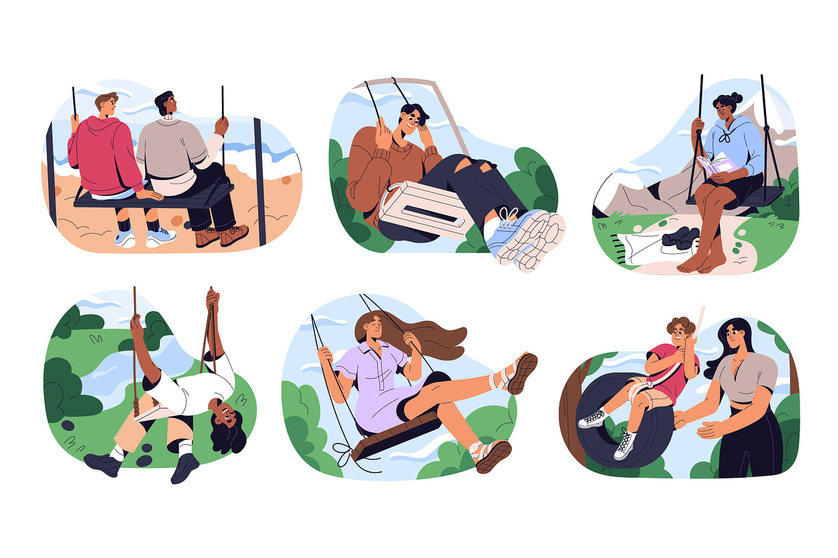 Happy people on swings in nature set, a Person Illustration by PaperTrident (Photo 1 of 7)