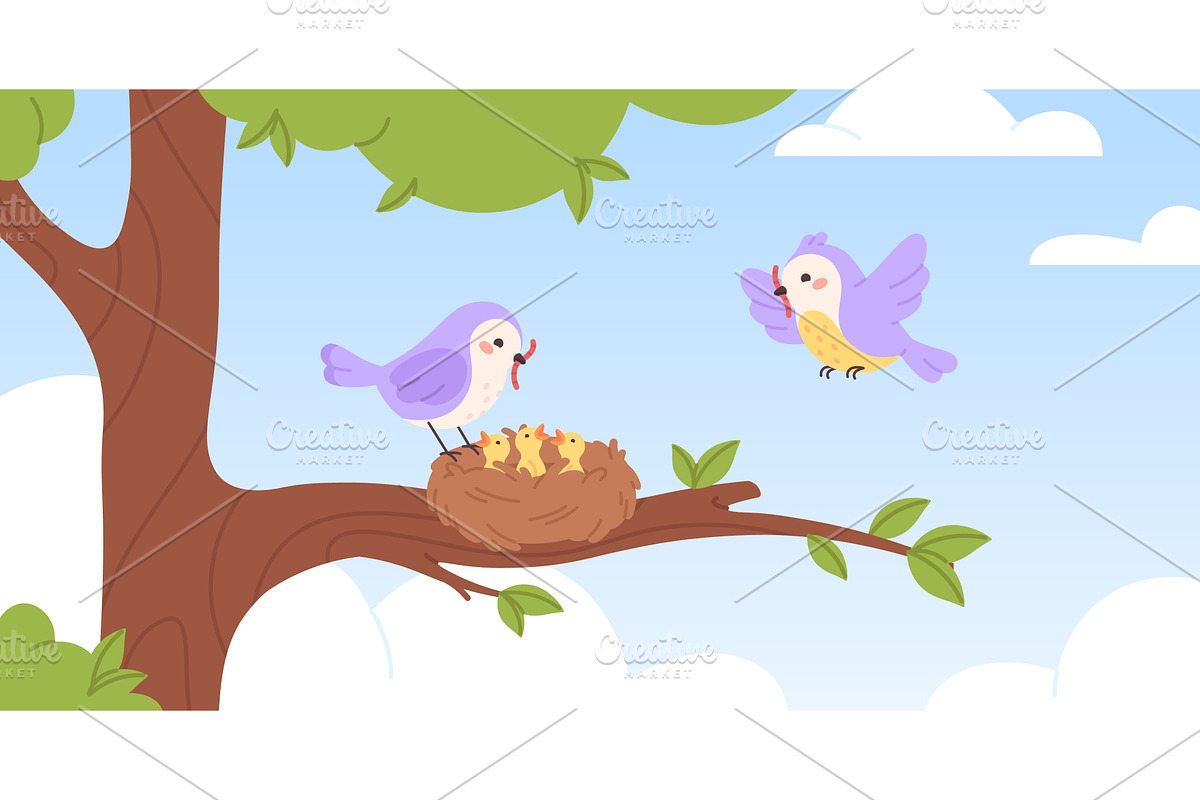 Bird nest on tree. Birds feeding, an Animal Illustration by LadadikArt