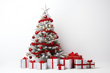Decorated christmas fir tree with gift boxes on white background, a Holiday Photo by AlyaAnd