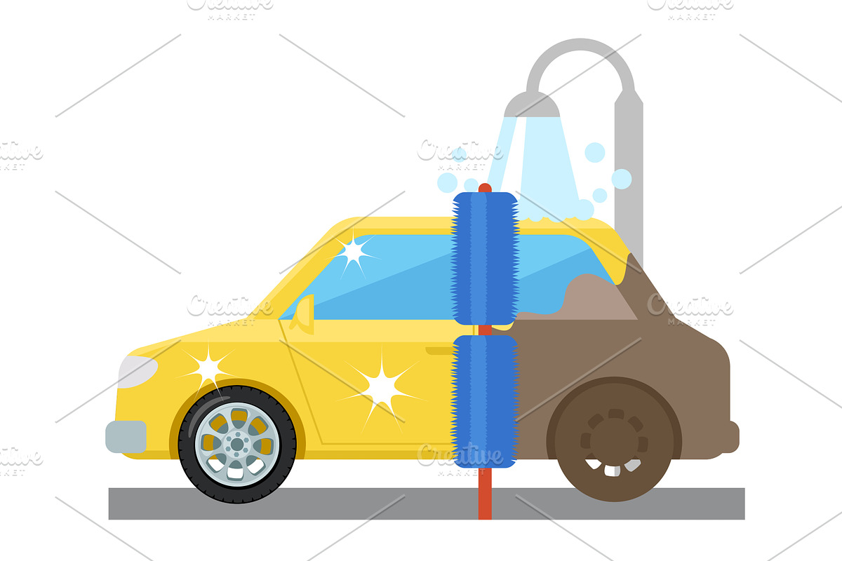 Car washing. A dirty car arrived at, a Transportation Illustration by innakreativ