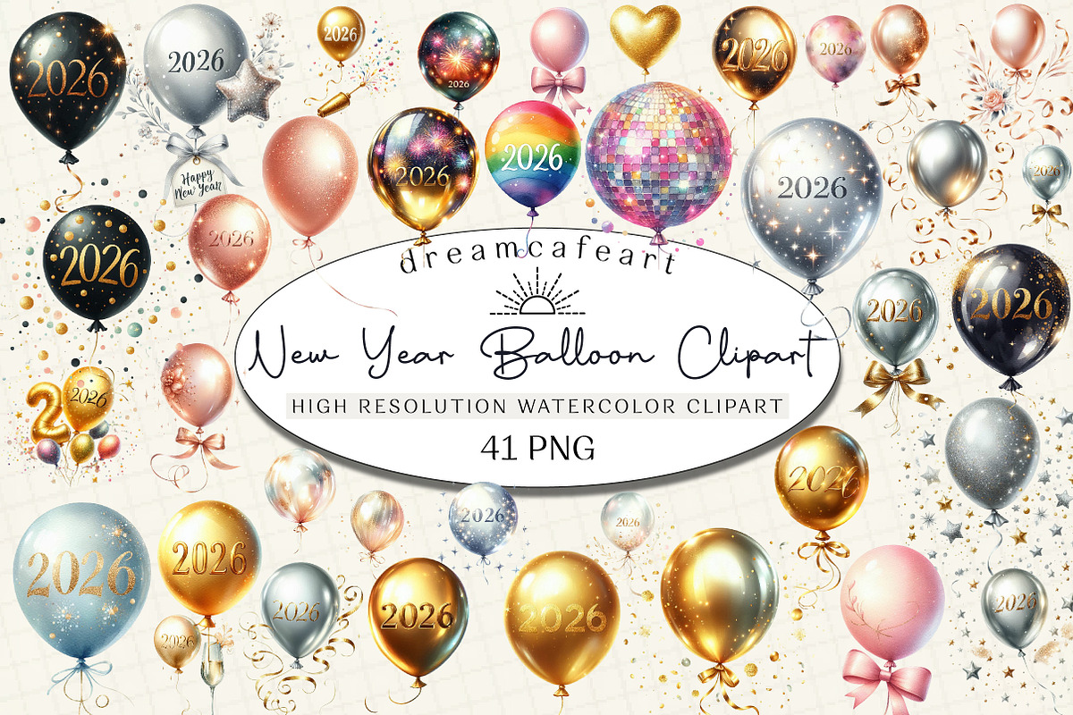 New Year Balloon Clipart, an Illustration by DreamCafeArt (Photo 1 of 6)