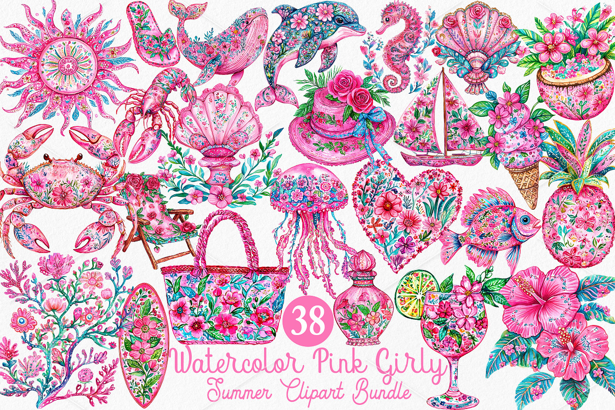 Watercolor Pink Girly Summer Clipart, a Seasonal Illustration by Canvas Craft (Photo 1 of 7)