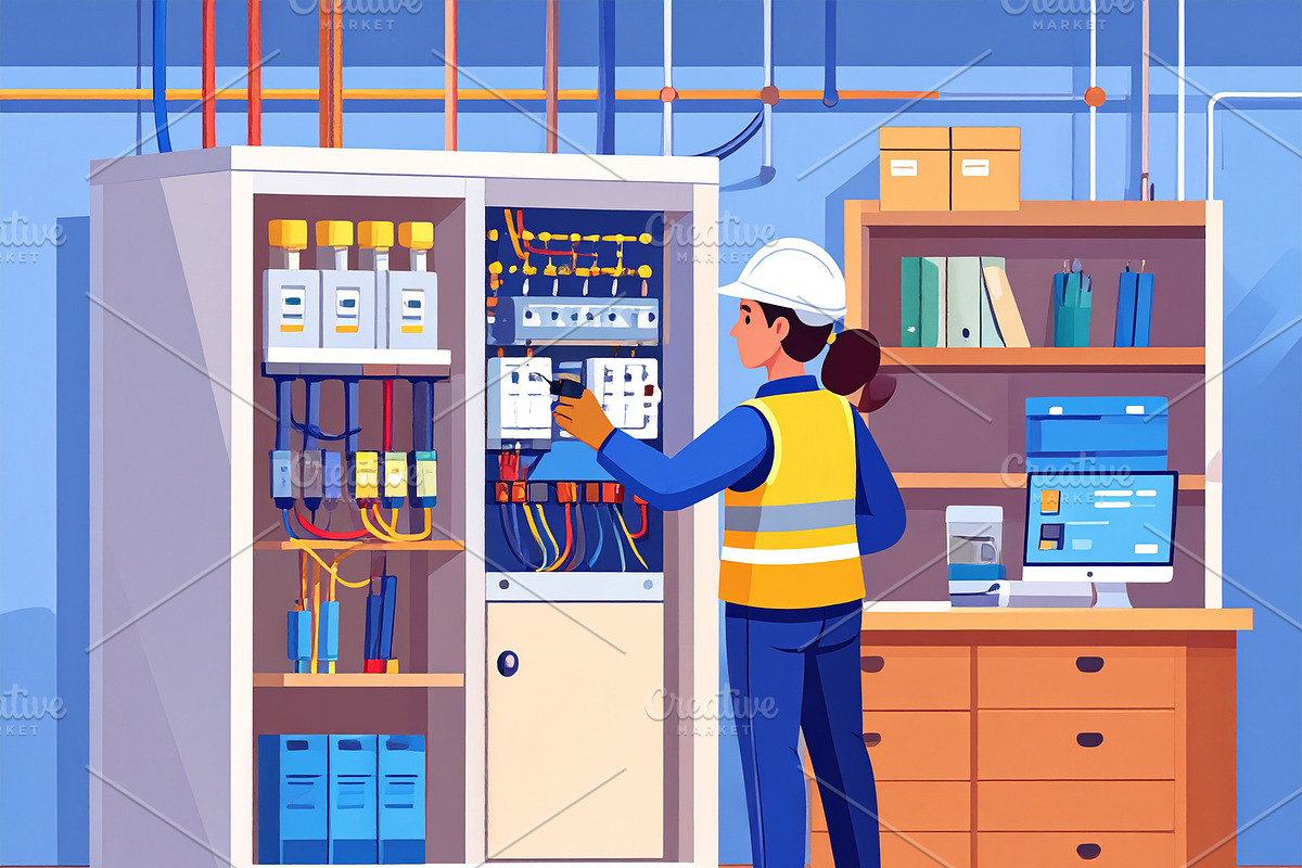Flat illustration of woman electrician working on an electrical, a Person Illustration by DanFLCreativo