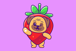 Cute Pug Dog Strawberry Cartoon, an Animal Illustration by Catalyst Labs