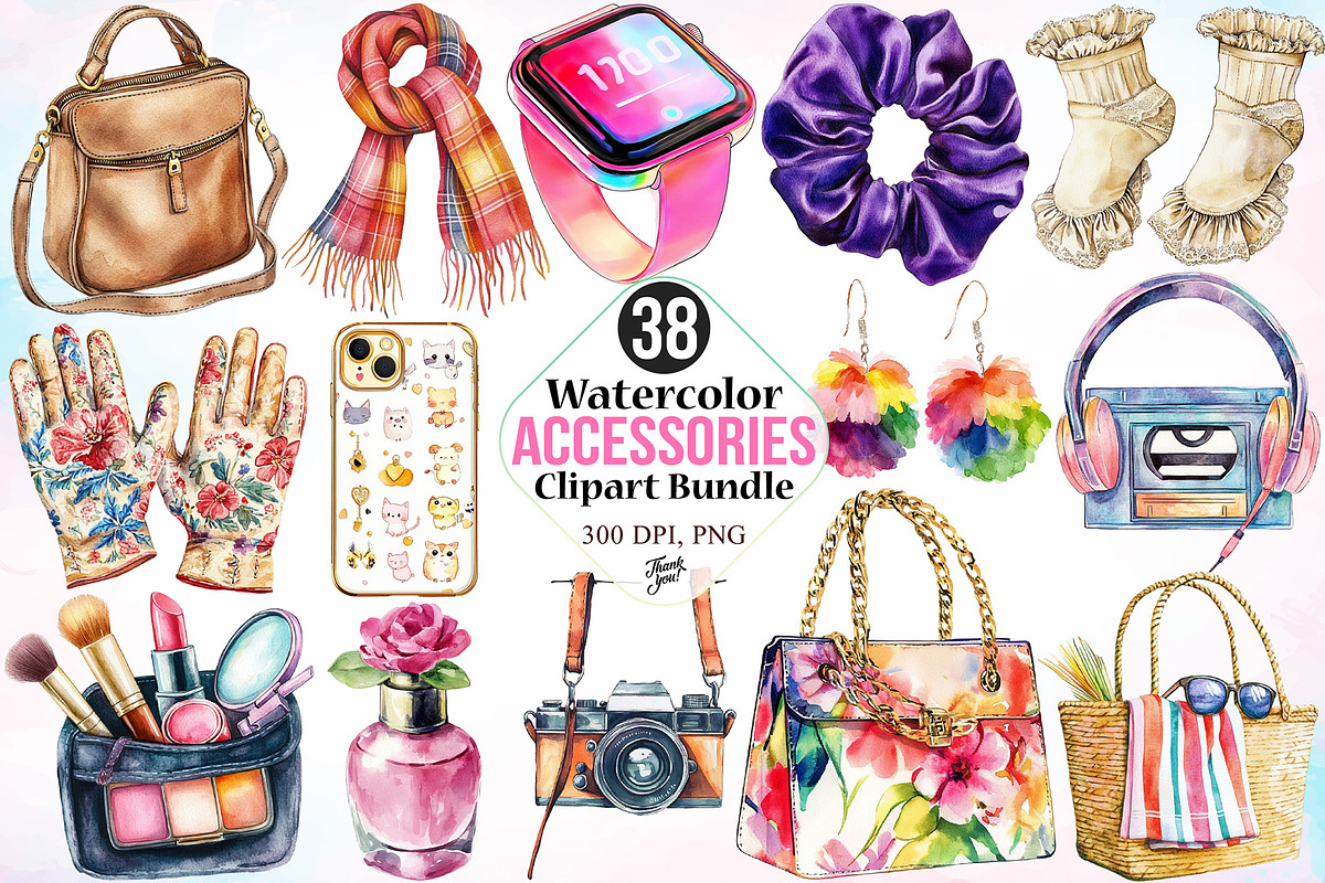 Watercolor Accessories Clipart PNG, an Object Illustration by Canvas Craft (Photo 1 of 3)