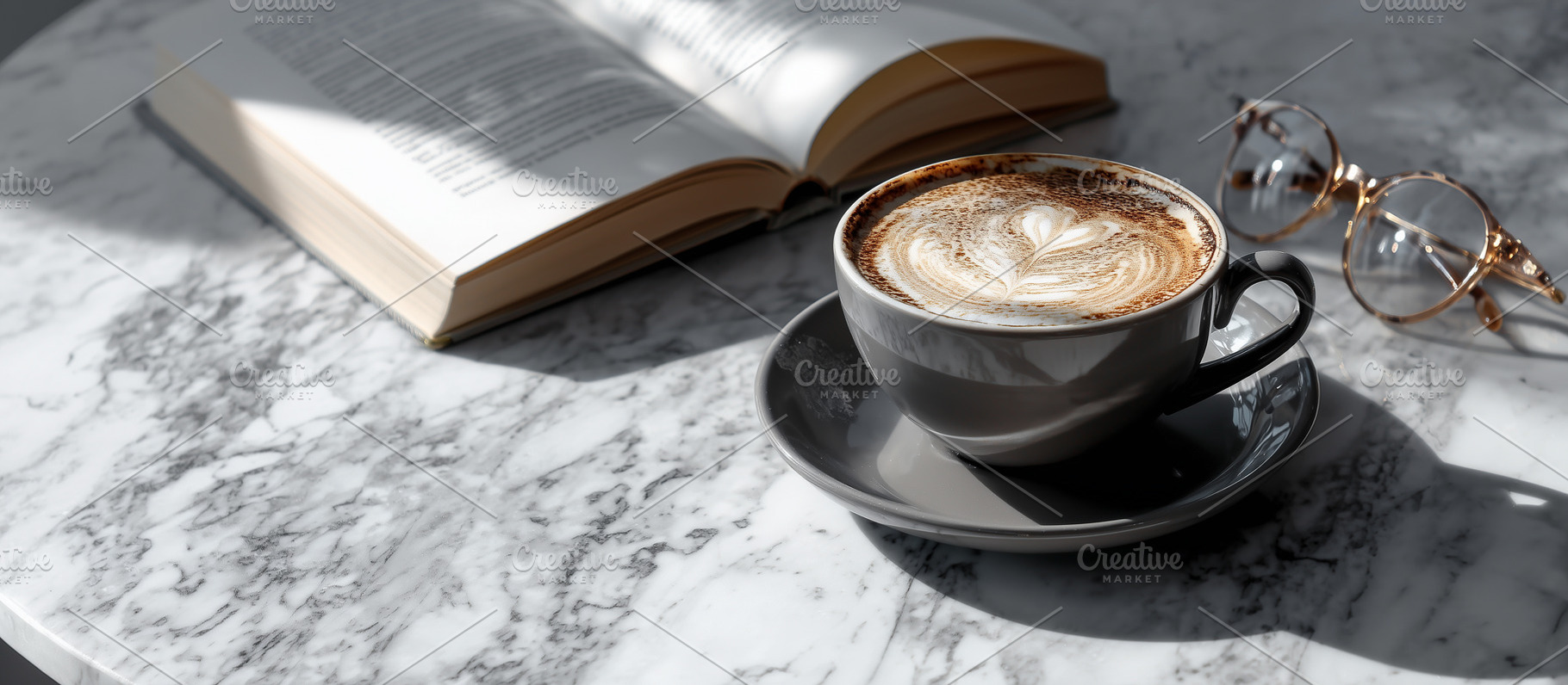 Cup of cappuccino, book and glasses, a Food & Drink Photo by MistyDay
