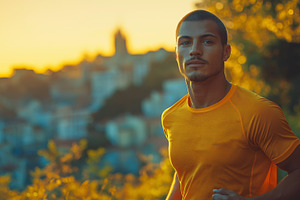 A young South Asian man jogs confidently in a vibrant orange shirt during sunse, a Person Photo by ImageMir