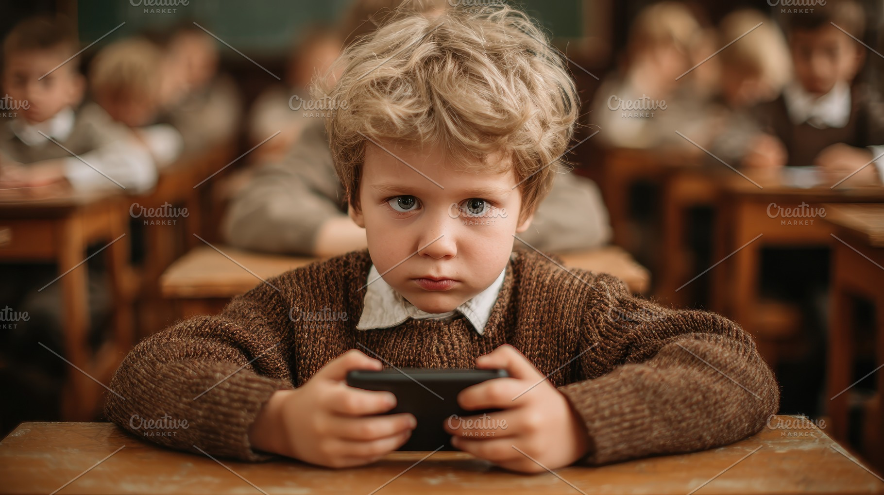 Young Boy in Classroom Uses Smartpho, a Photo by Pixeness Studio
