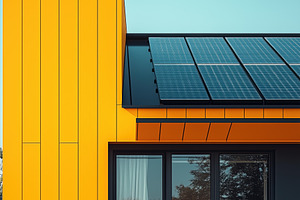 A modern house with bright yellow exterior and solar panels on the roof. The de, an Industrial Photo by Textures & Backgrounds
