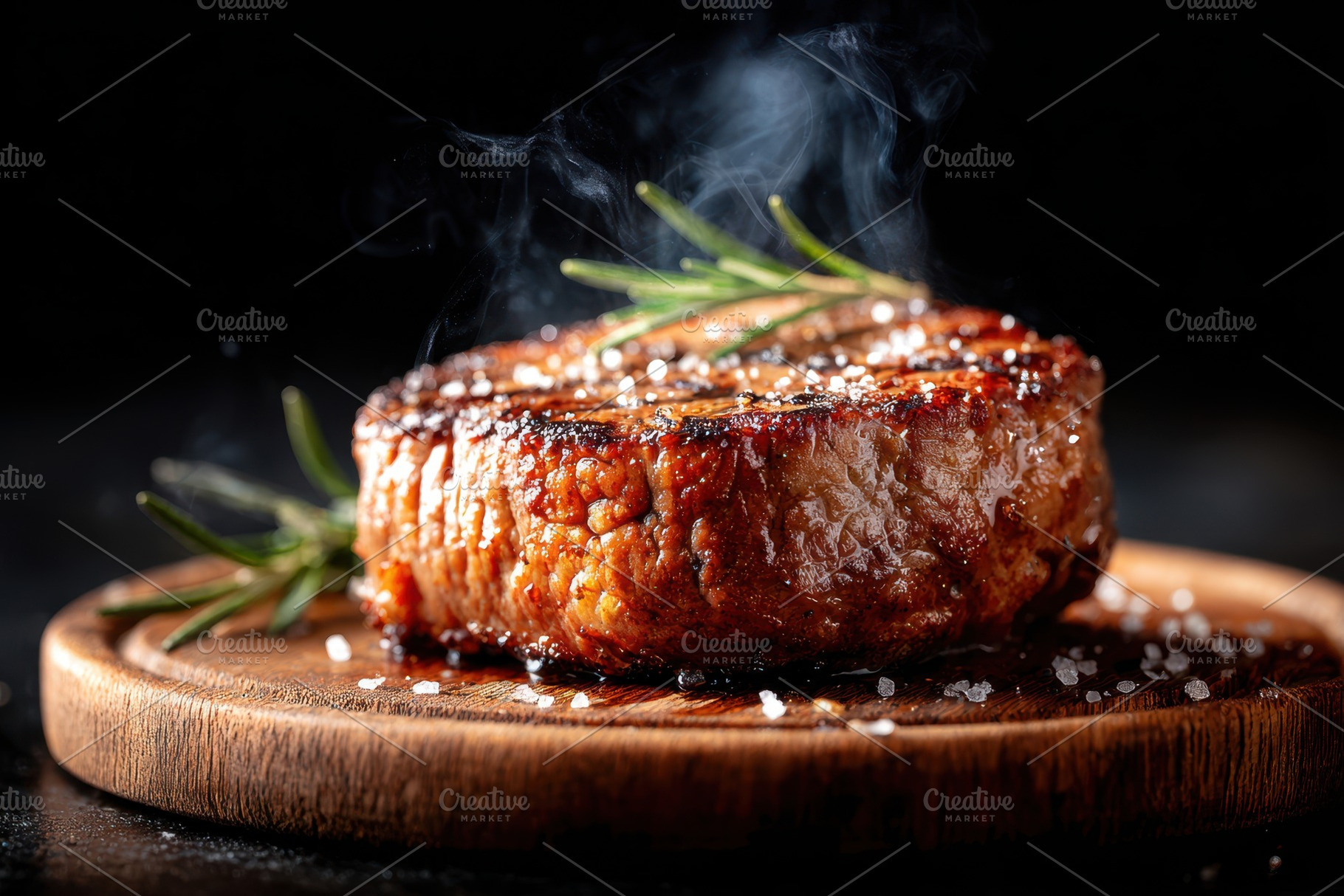 Grilled steak with rosemary on wooden board, a Food & Drink Photo by AlyaAnd